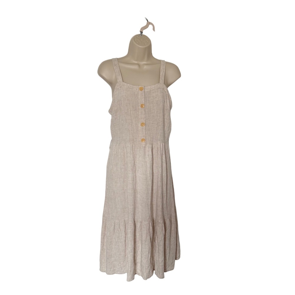 Monteau Wonmen’s Large Button Front Tiered Mid Dress Neutral Linen Blend Boho